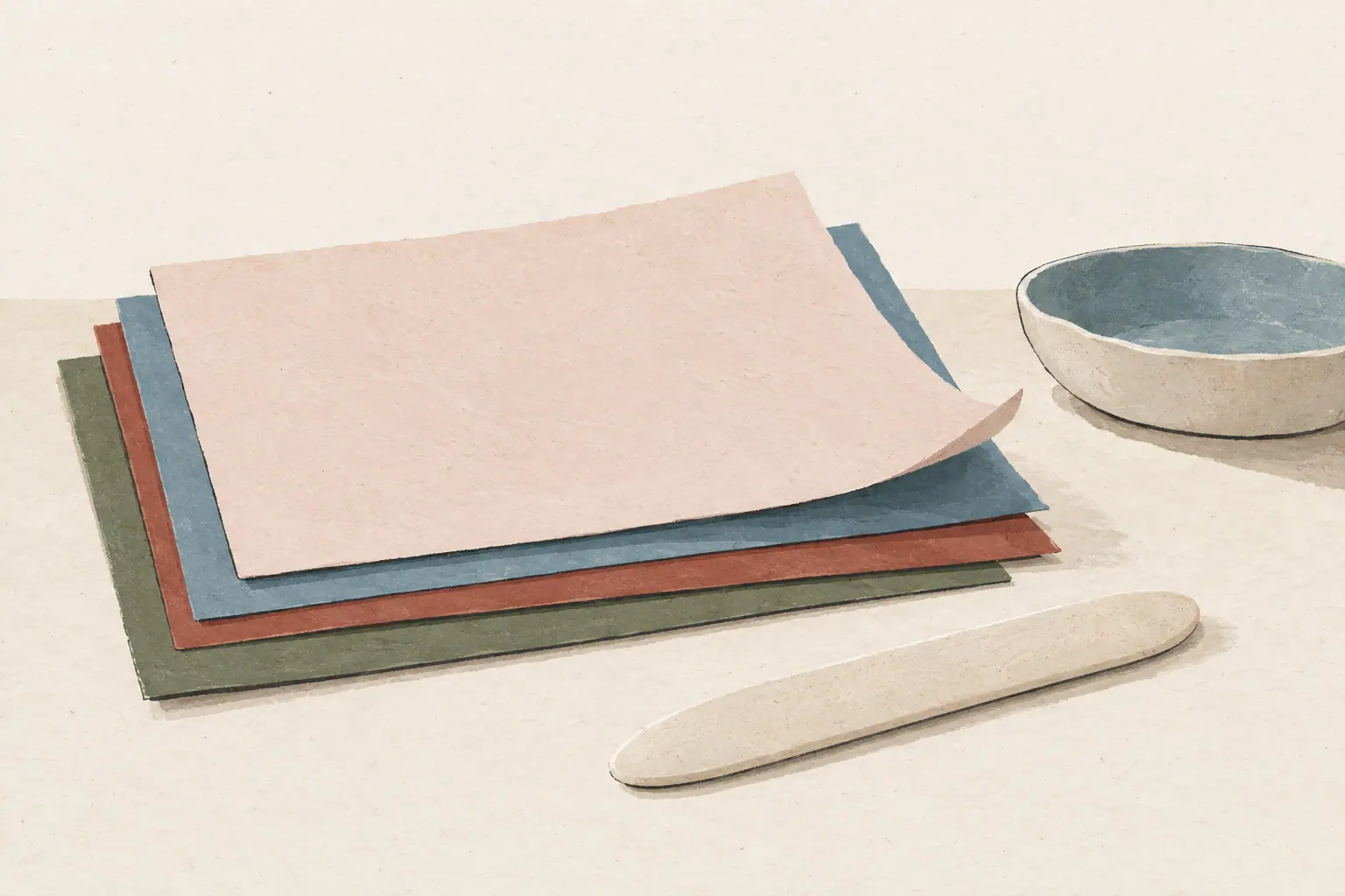 Auf einem hellen Tisch liegen gerissene Papierformen, ein schmaler Streifen und ein rundes Werkzeug mit abgerundeter Kante.