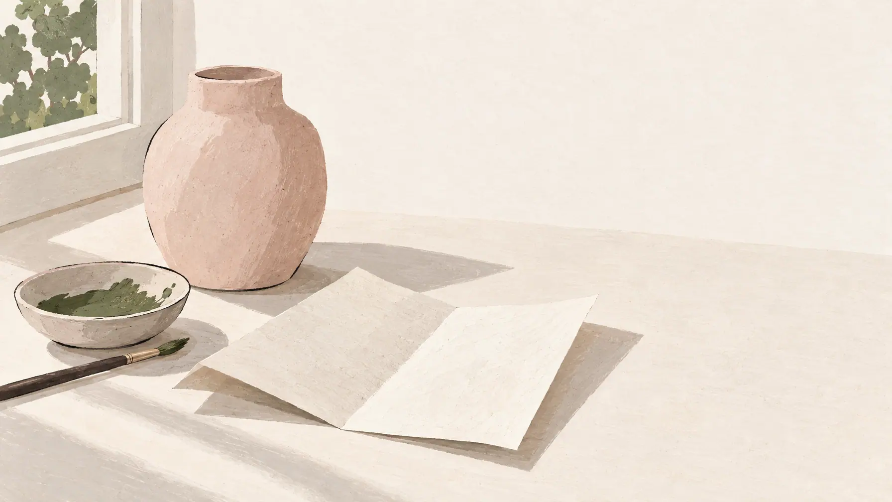 Ein gefaltetes Blatt Papier, eine kleine Farbmulde und ein schlichtes Gefäß liegen auf einem Tisch neben dem Licht eines Fensters.